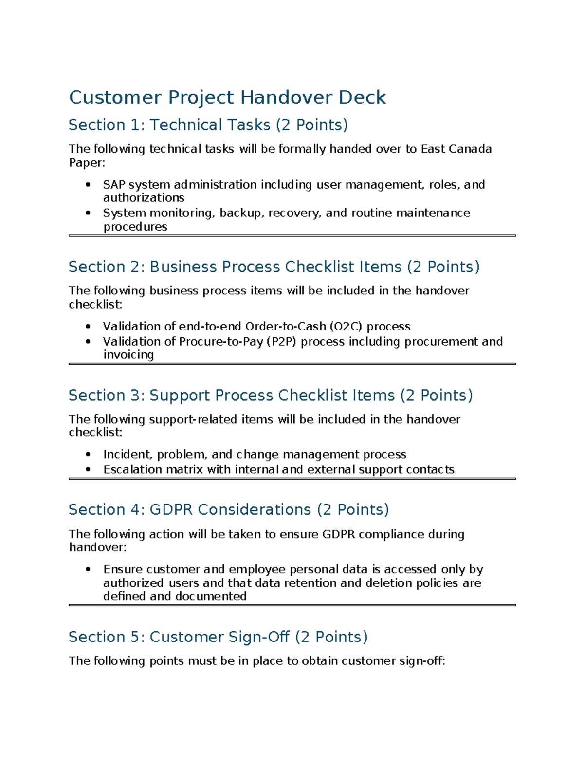 Customer Project Handover Deck: Technical & Business Processes - Studocu