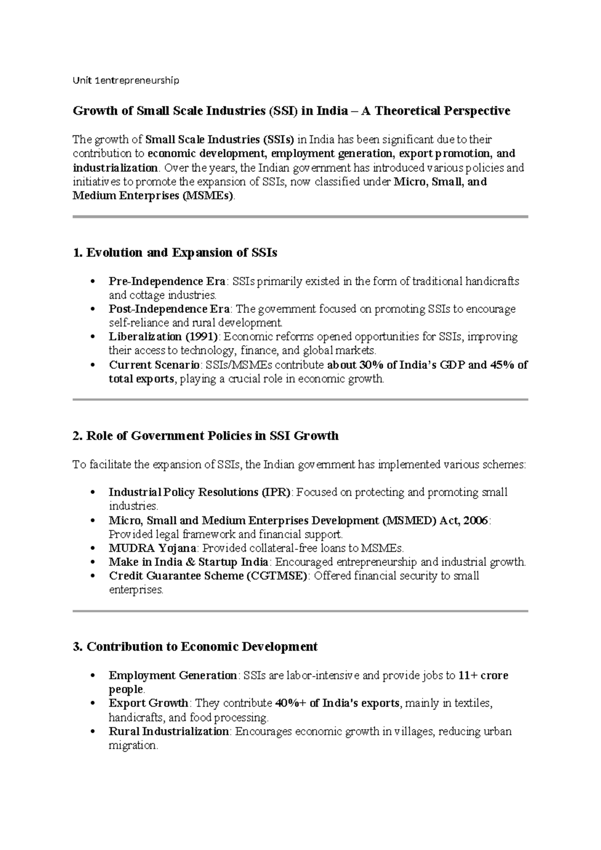 Unit 1: Theoretical Perspectives on SSI Growth in India (ENT 101) - Studocu