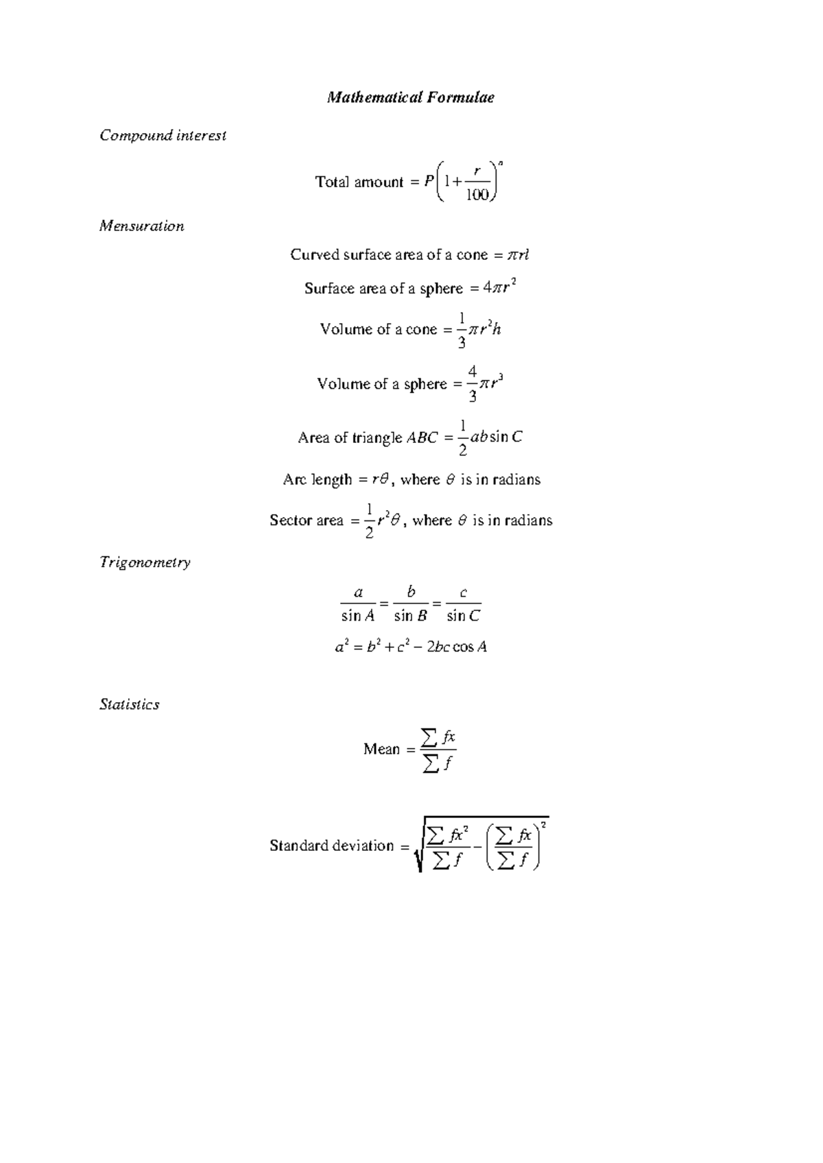 S2 G3 EOY Mathematical Formulae & Problem Solving Notes - Studocu
