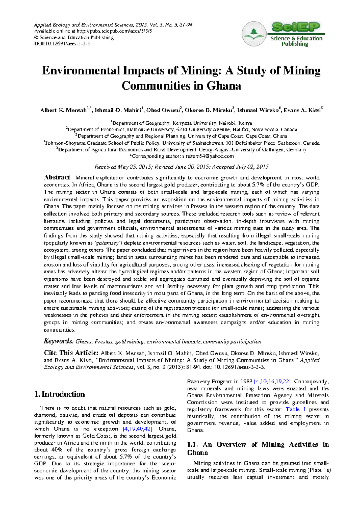 Environmental Impacts of Mining: A Study of Ghanaian Communities (2015 ...