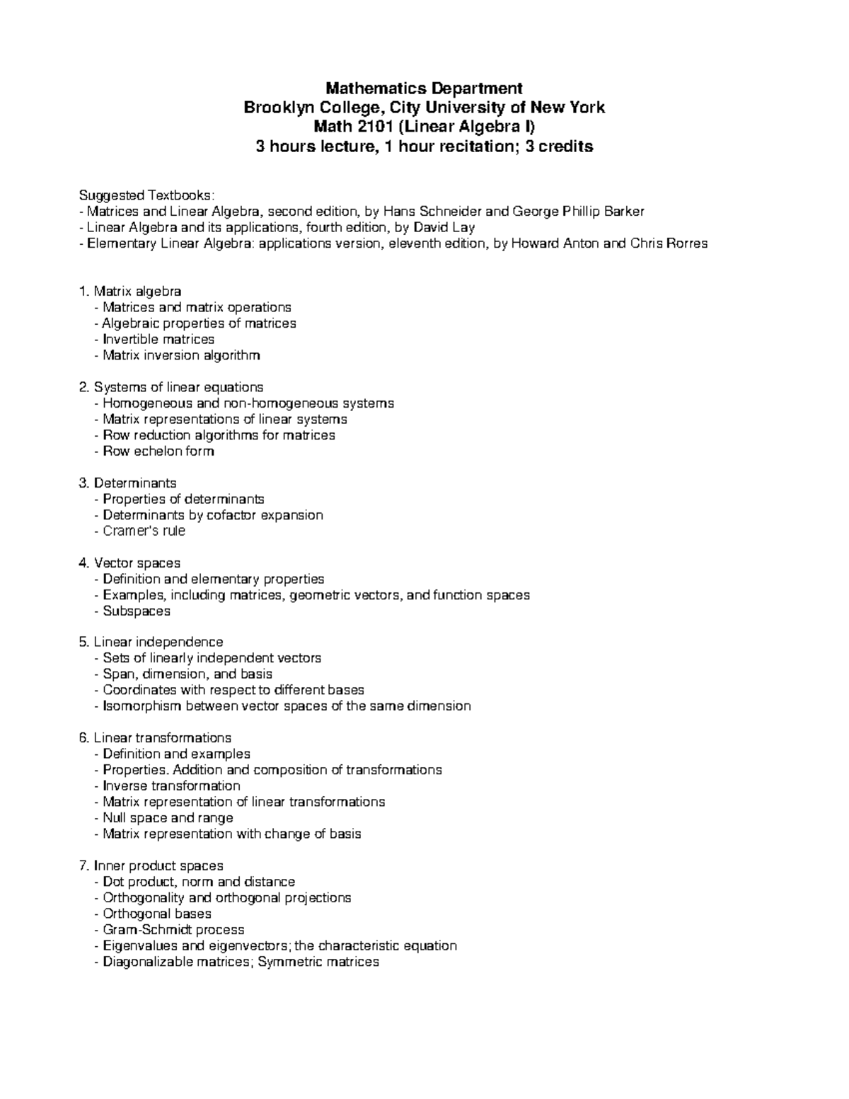 Math 2101 Syllabus: Linear Algebra I Overview and Topics - Studocu