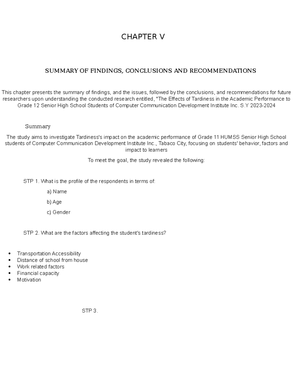 Chapter V - CHAPTER V SUMMARY OF FINDINGS, CONCLUSIONS AND ...