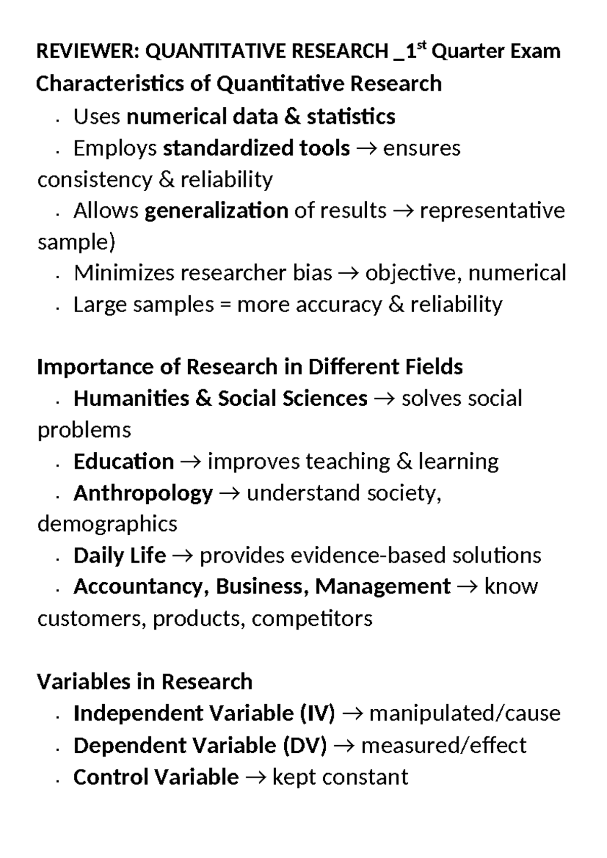 REVIEWER: QUANTITATIVE RESEARCH 1st Quarter Exam Guide - Studocu