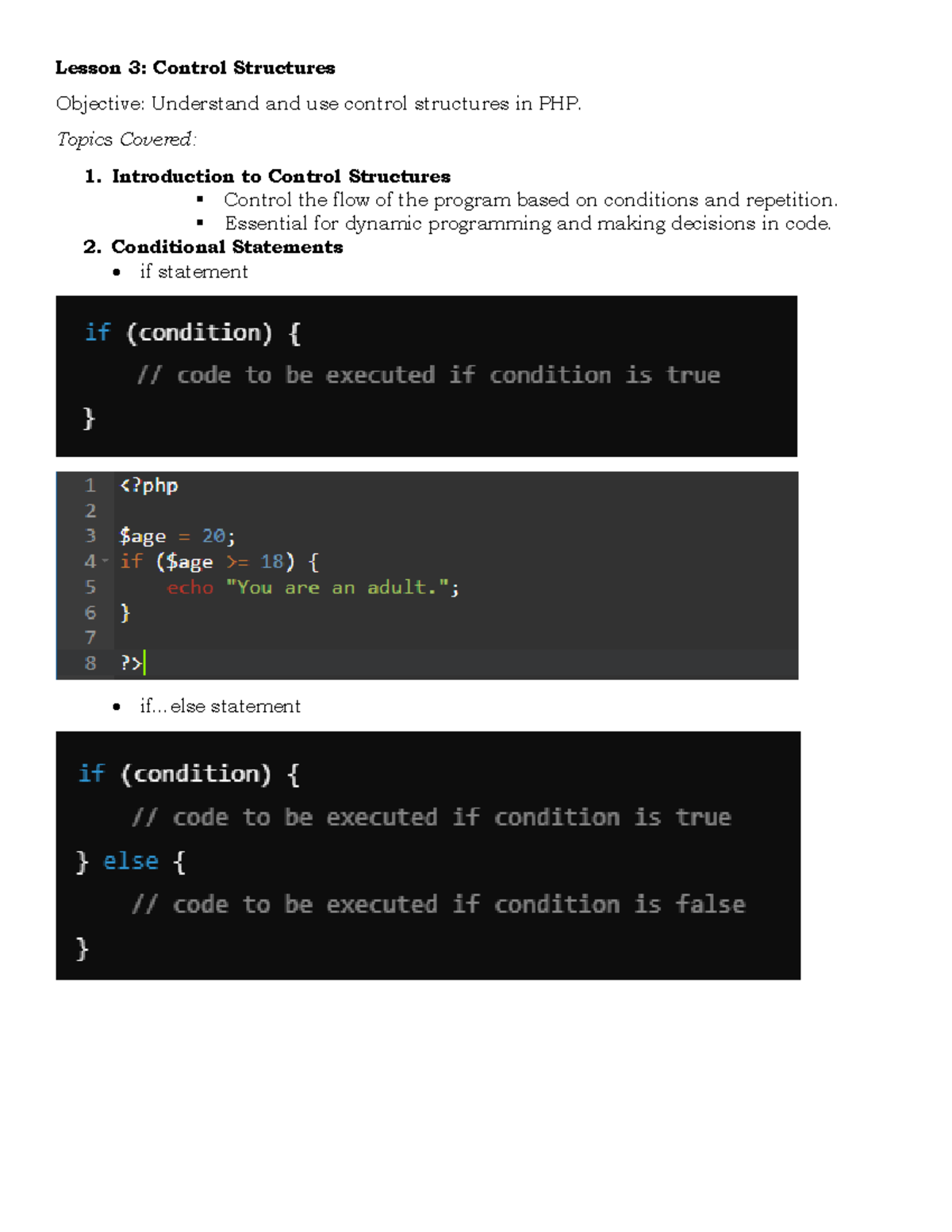 PHP Module 2 - Midterm - Lesson 3: Control Structures Objective ...