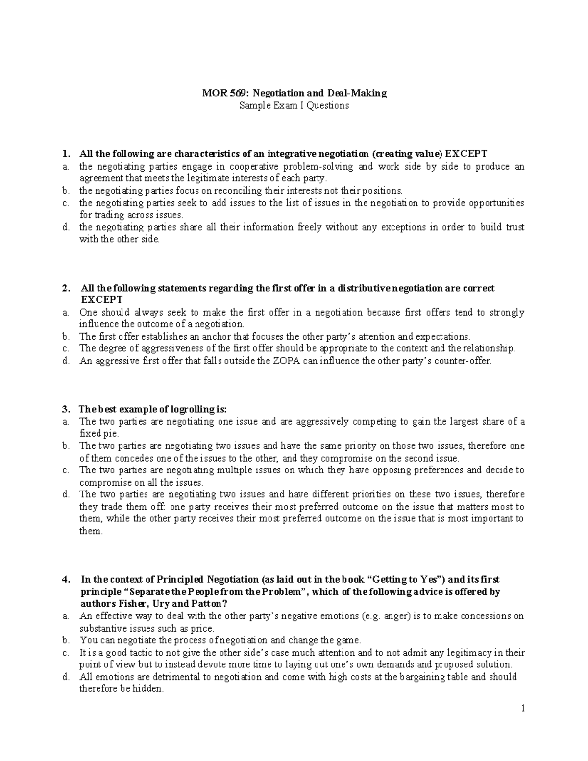 MOR 569: Sample Exam I Questions on Negotiation Concepts - Studocu