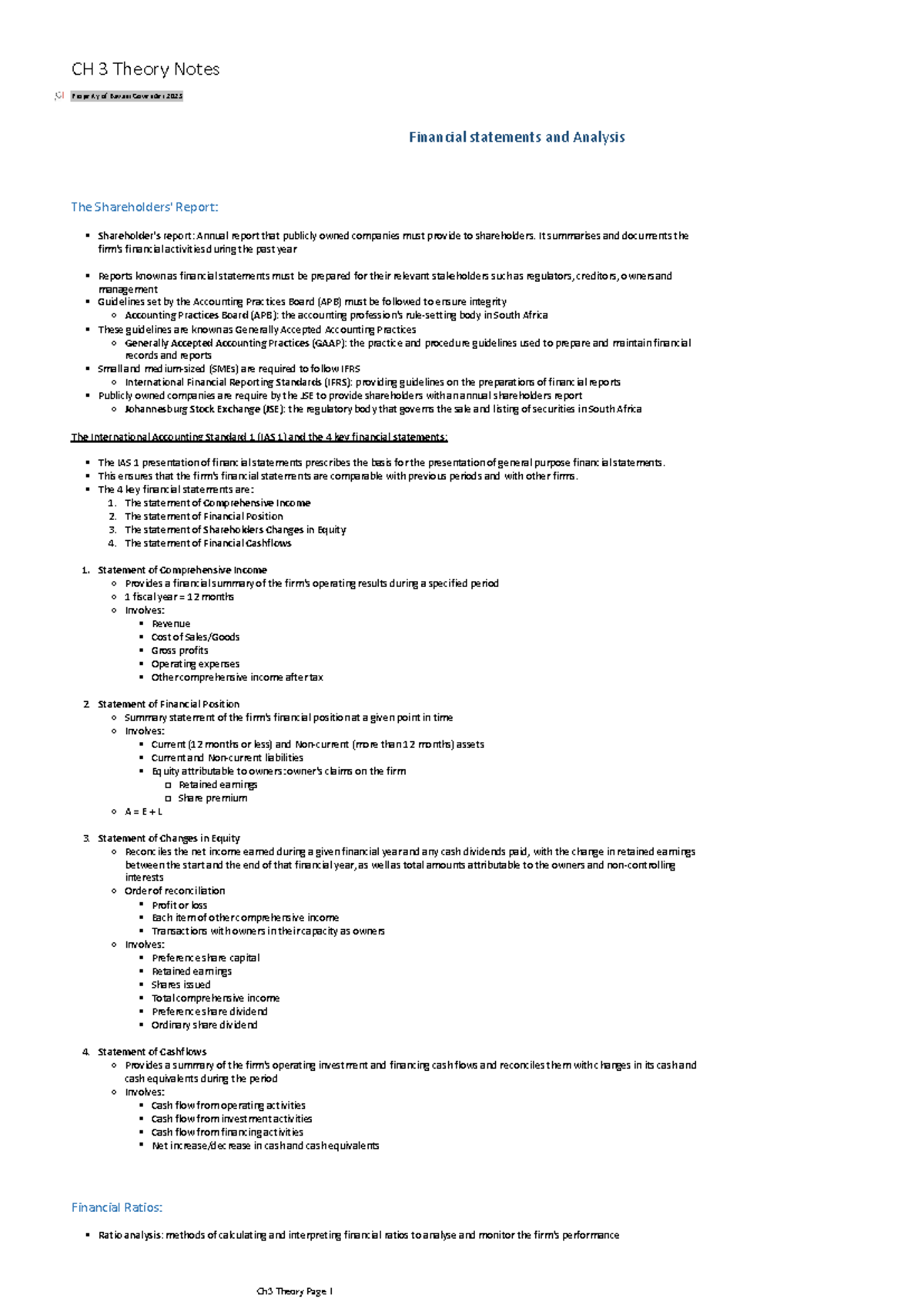 CH 3 Theory Notes on Financial Statements & Analysis FBS212 - Studocu