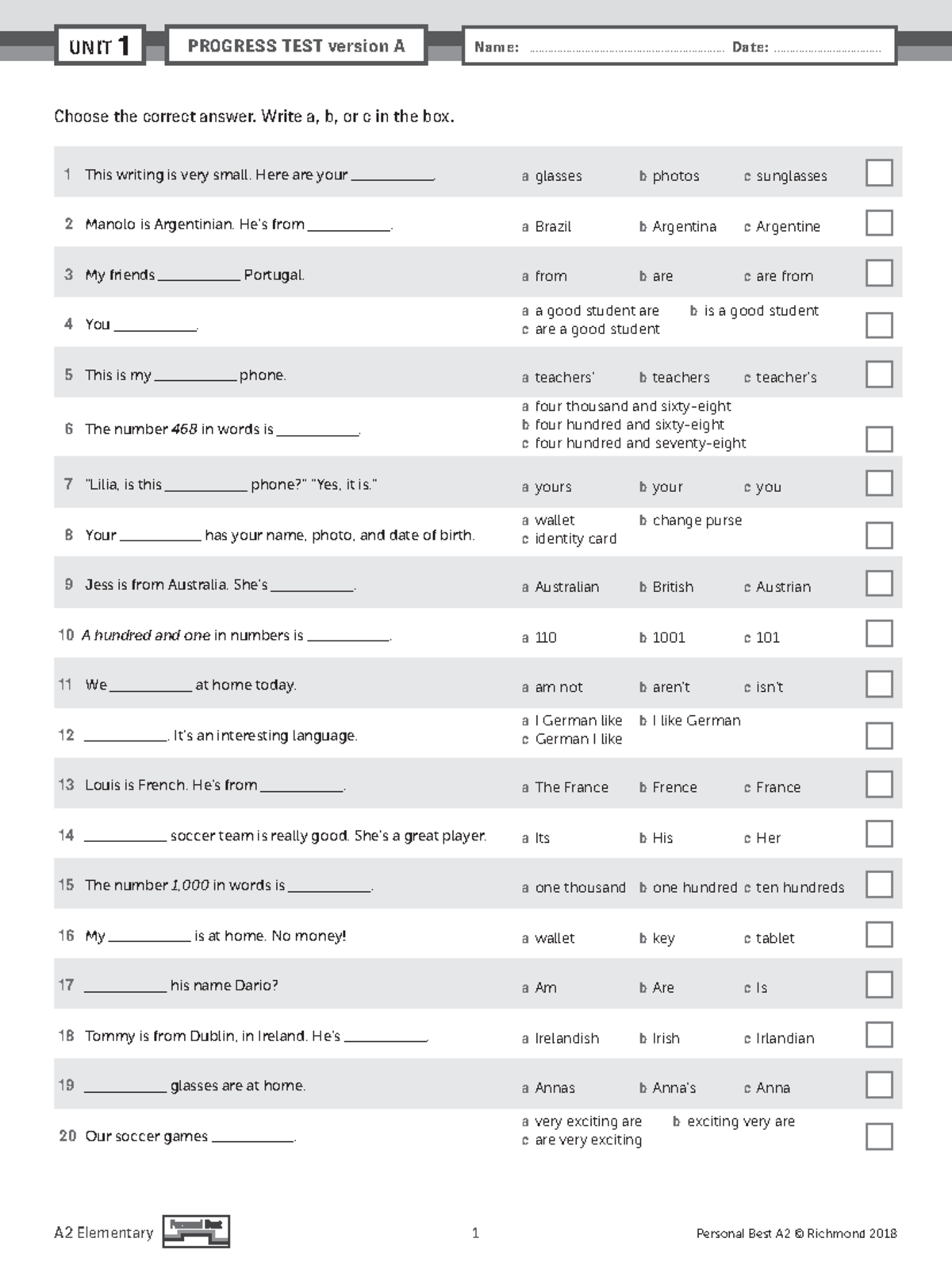 PB Am E A2 Unit Test U1 Version A - Progress Test Questions - Studocu