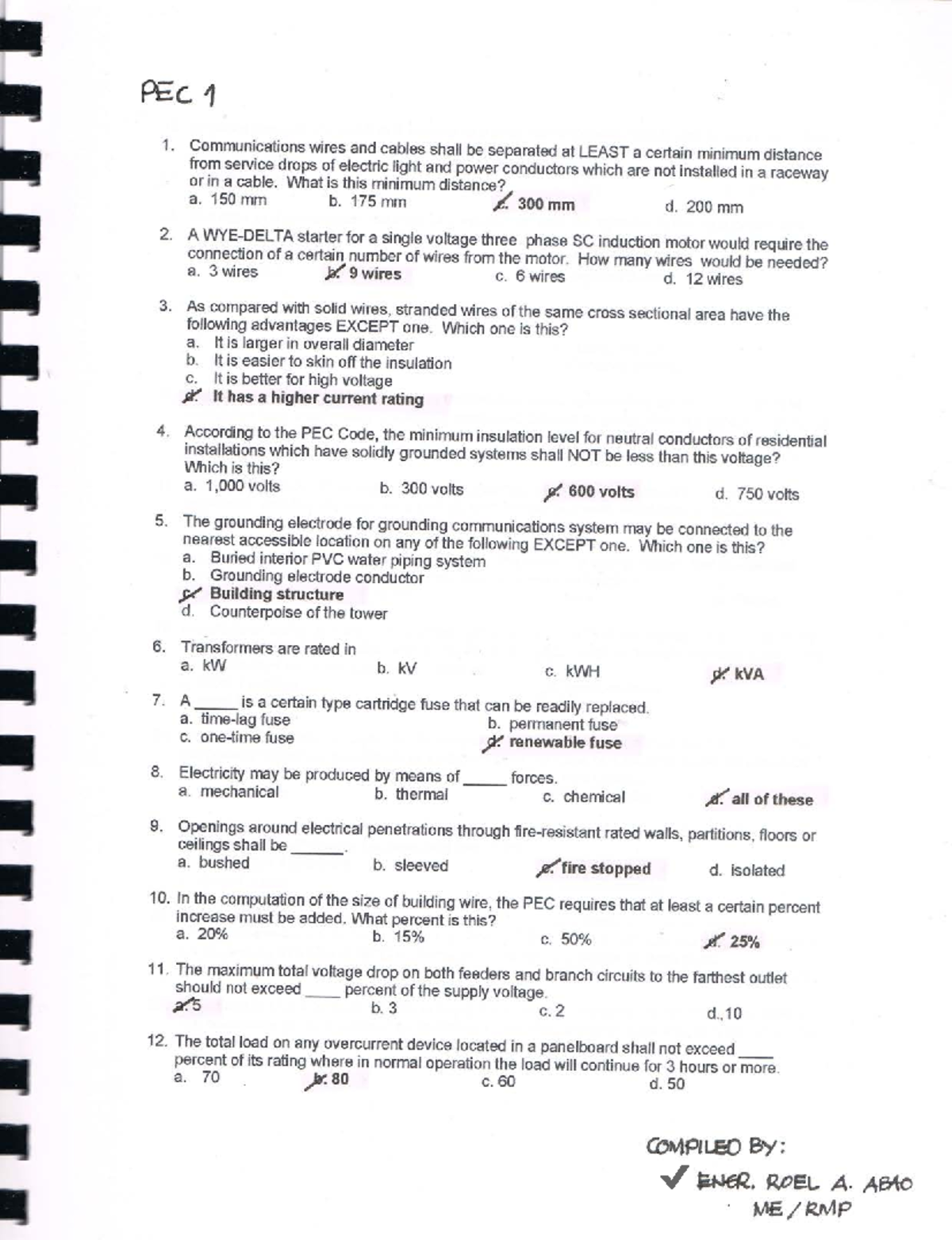 Philippine Electrical Code (PEC) Quiz Questions and Answers - Studocu