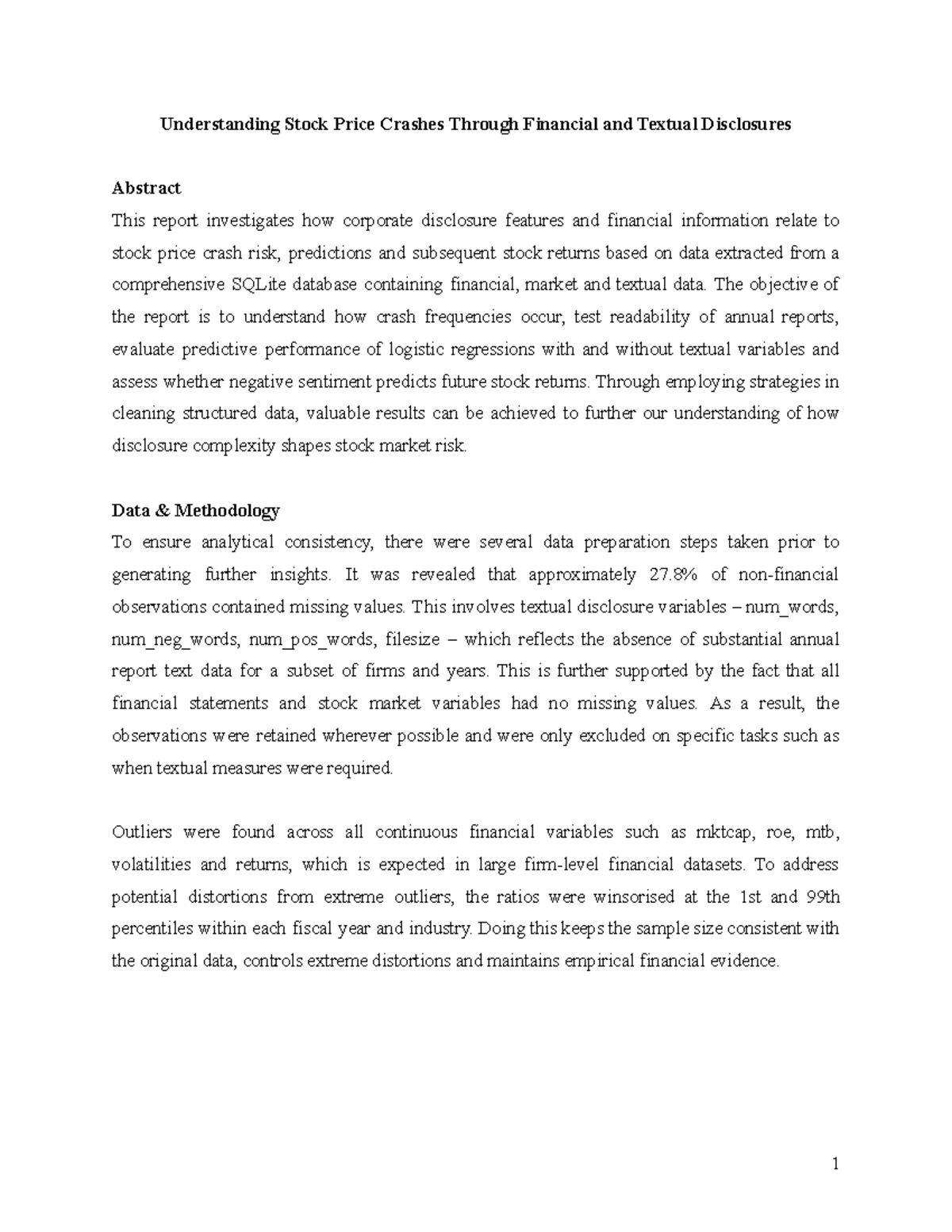 ACCT3672 Final Assignment: Analyzing Stock Price Crash Risks - Studocu