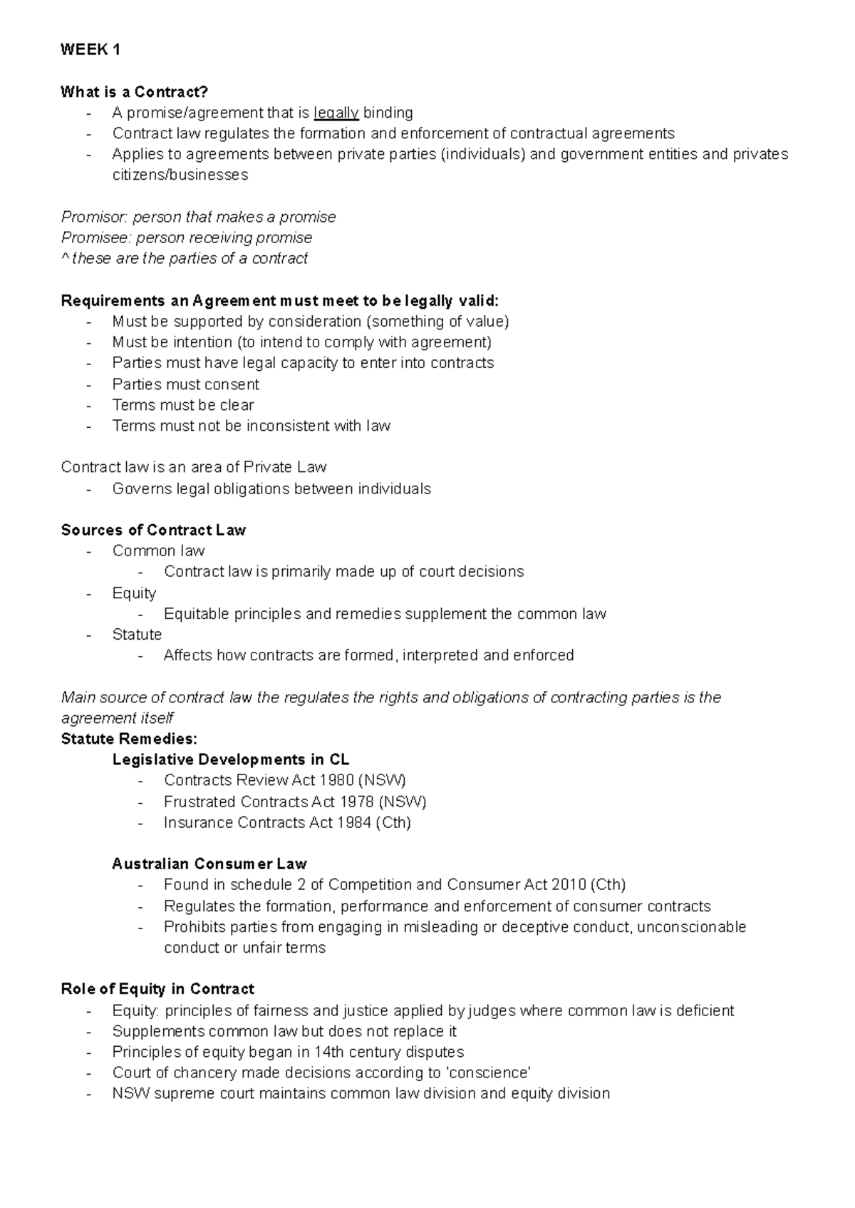 Contracts LAWS2003 - Comprehensive Lecture Notes on Contract Law ...