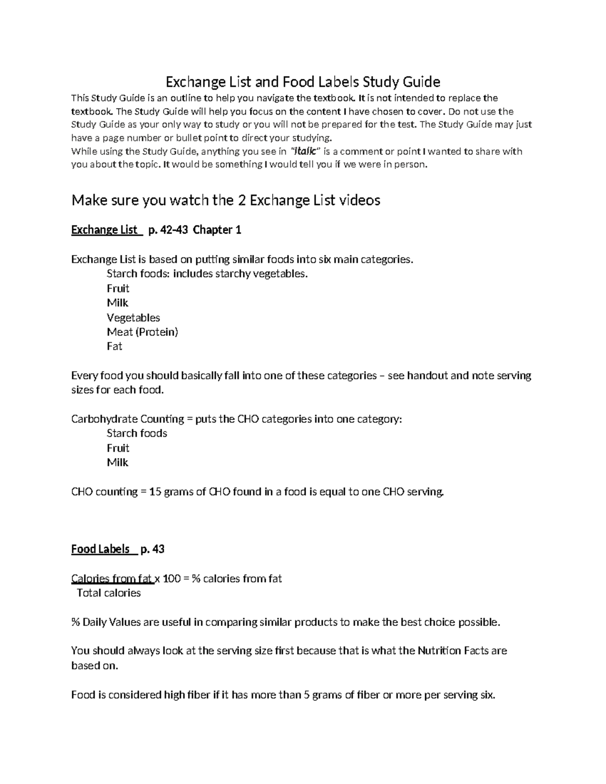 Exchange List and Food Labels Study Guide (5th Ed) - Studocu