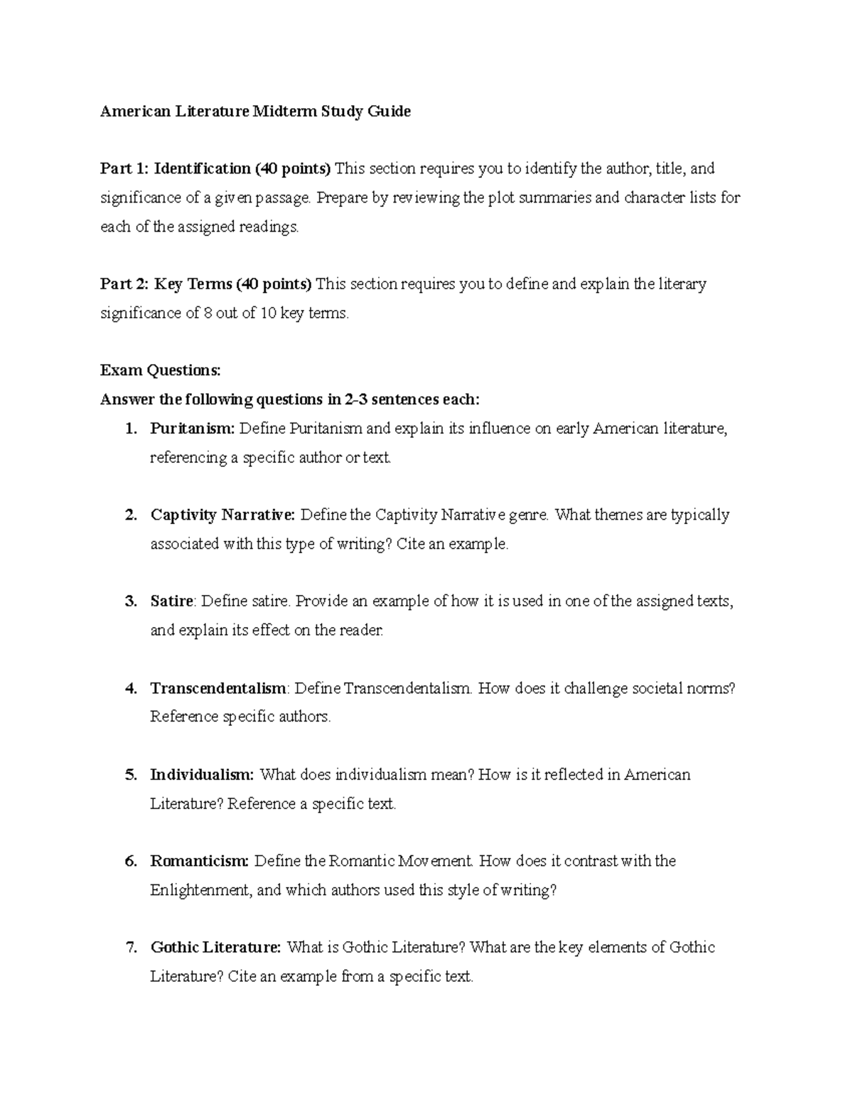 ENG 130 American Literature Midterm Study Guide & Exam Prep - Studocu