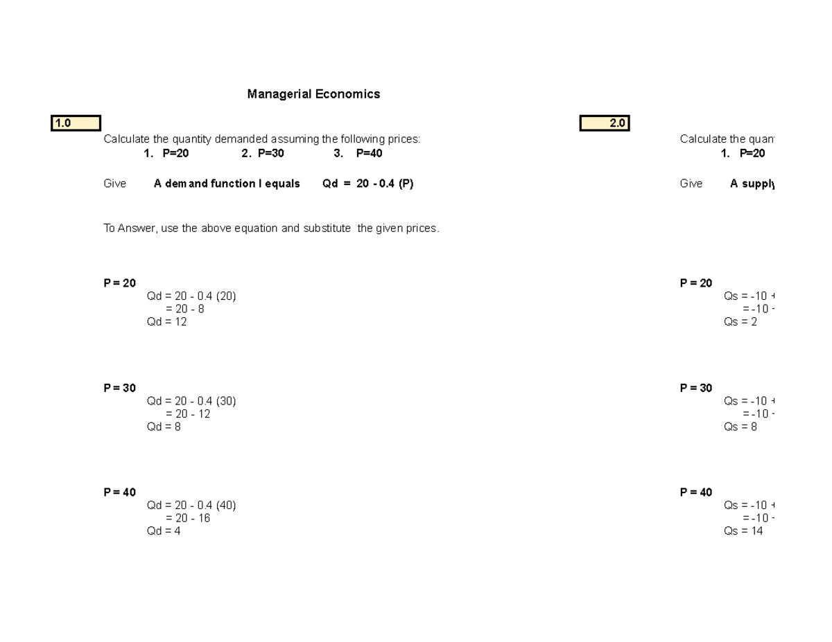 Managerial Econ - Managerial Economics 1 2. Calculate the quantity ...
