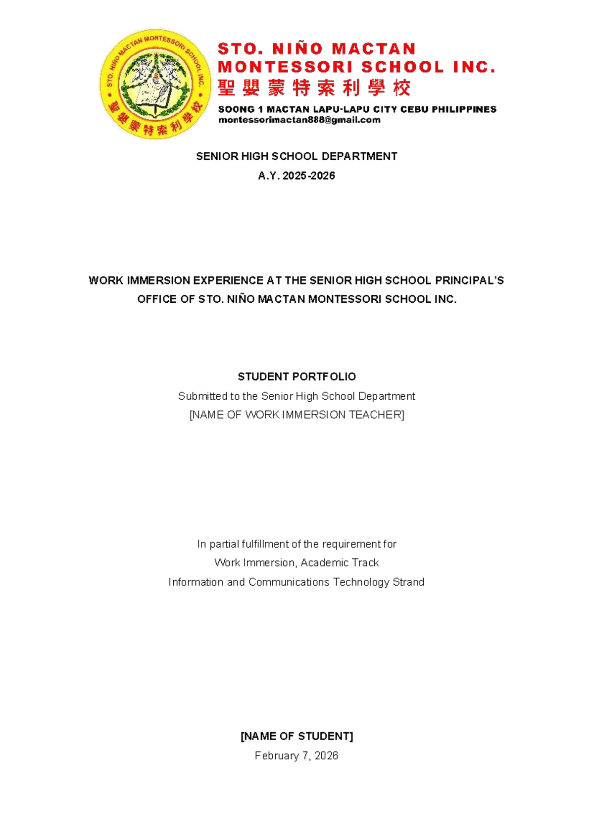 Work Immersion Portfolio for A.Y. 2025-2026: Senior High School - Studocu