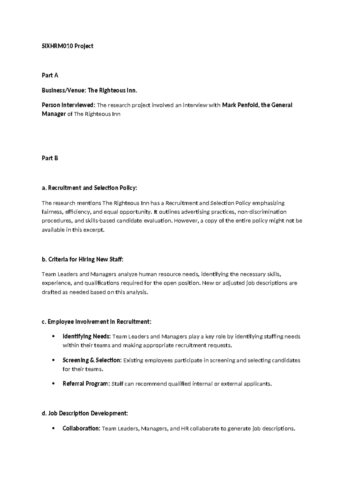 Sitxhrm 010 Project - Research - SIXHRM010 Project Part A Business ...