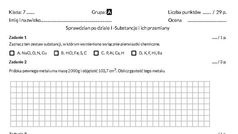 Sprawdzian po dziale I: Substancje i ich przemiany - Klasa 7 Grupa A