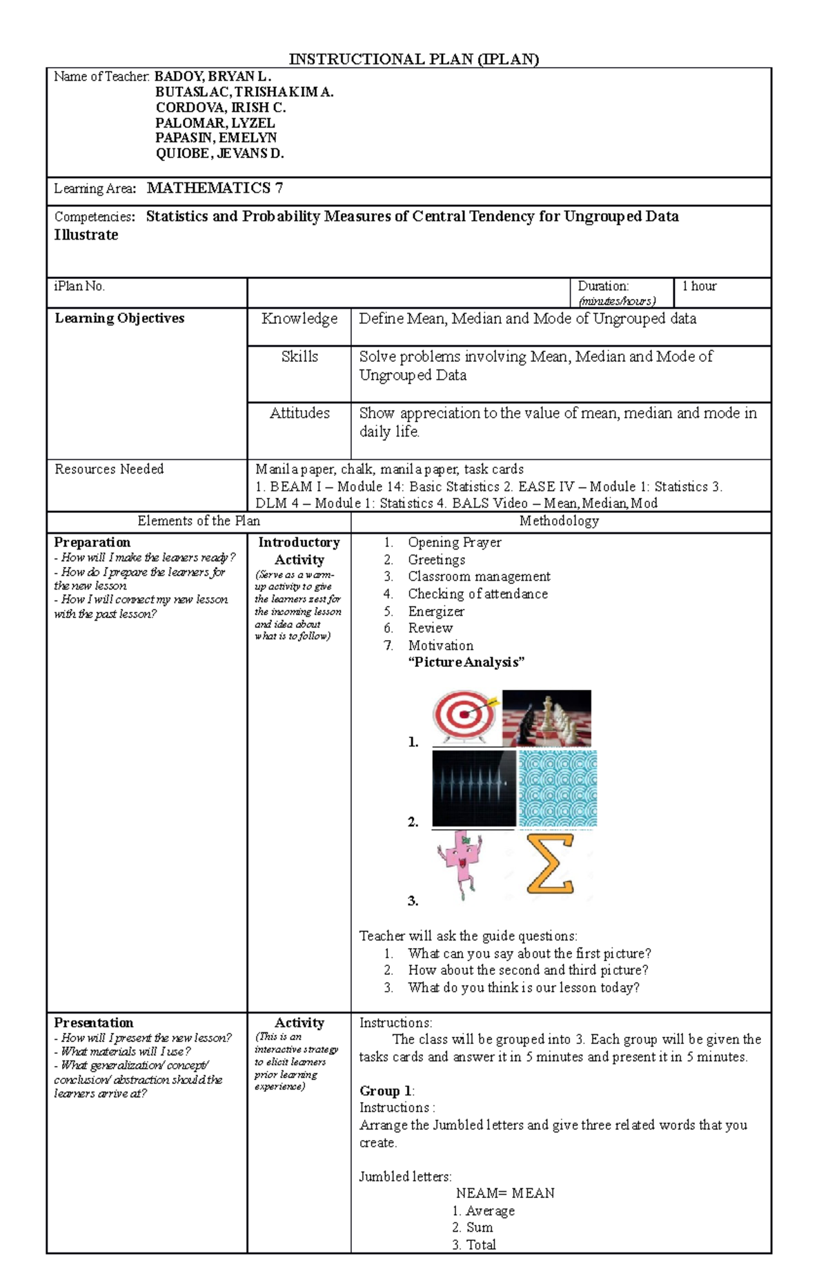FS 2 Iplan - Mathematics 7 Lesson Plan on Measures of Central Tendency ...