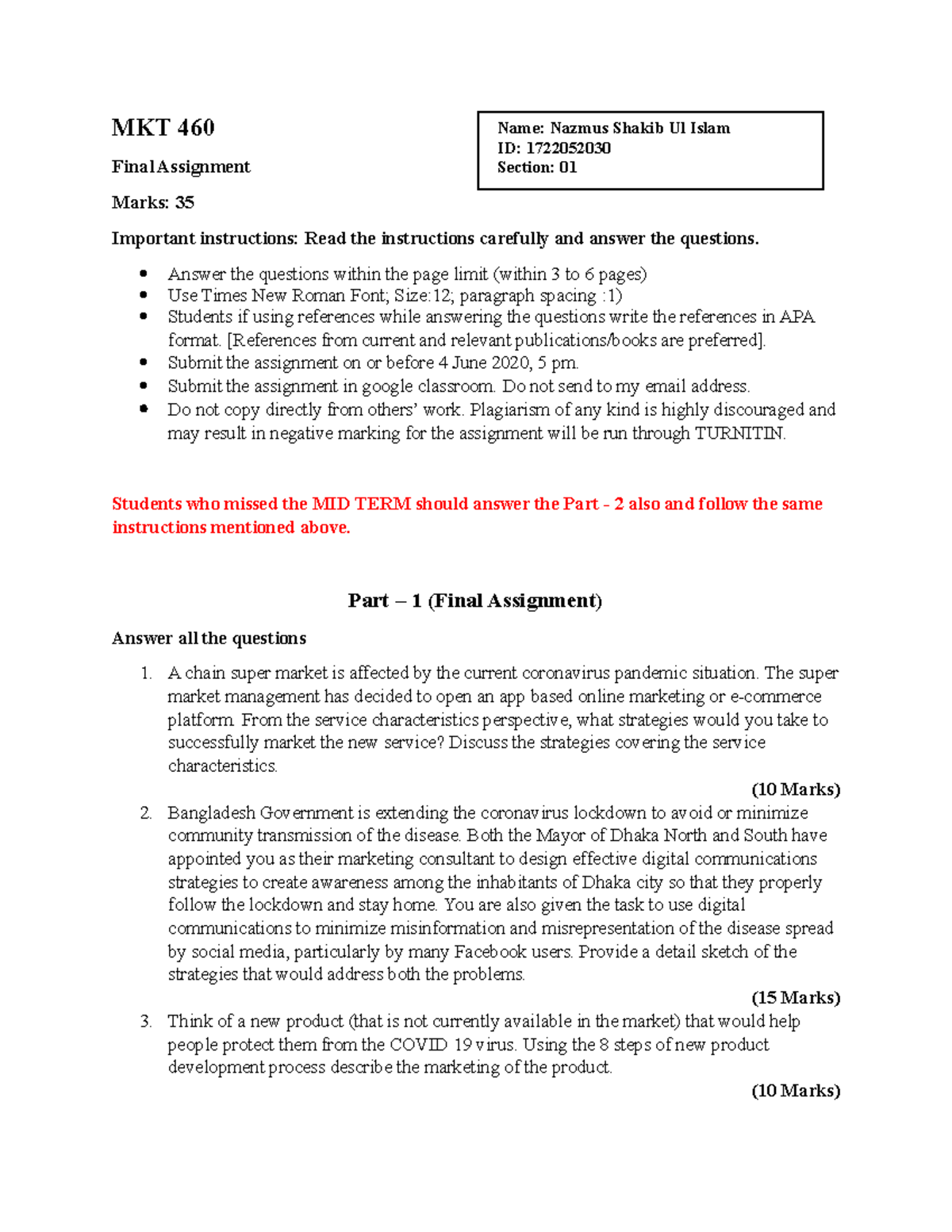 MKT 460 Final Assignment & Make-Up MID TERM Guide on COVID-19 ...