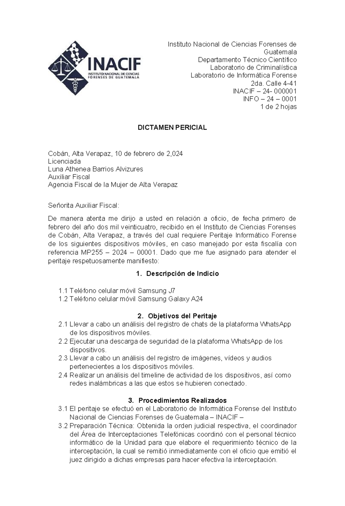 Dictamen Pericial de Informática Forense - MP255-2024-00001 - Document Preview