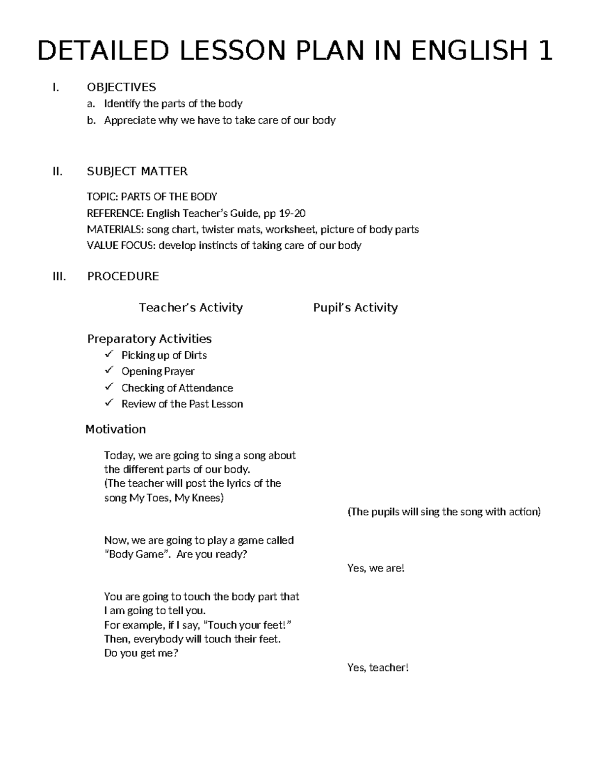 252454683 Detailed Lesson Plan: Parts of the Body in English 1 - Studocu