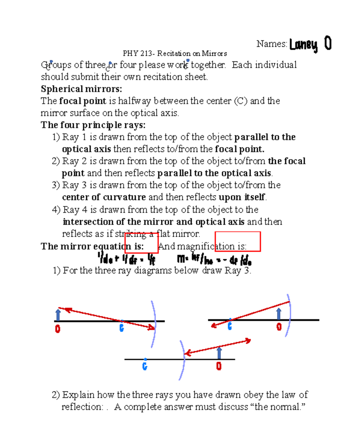 Recitation PHY 7: Curved mirrors and ray diagrams explanation - Studocu