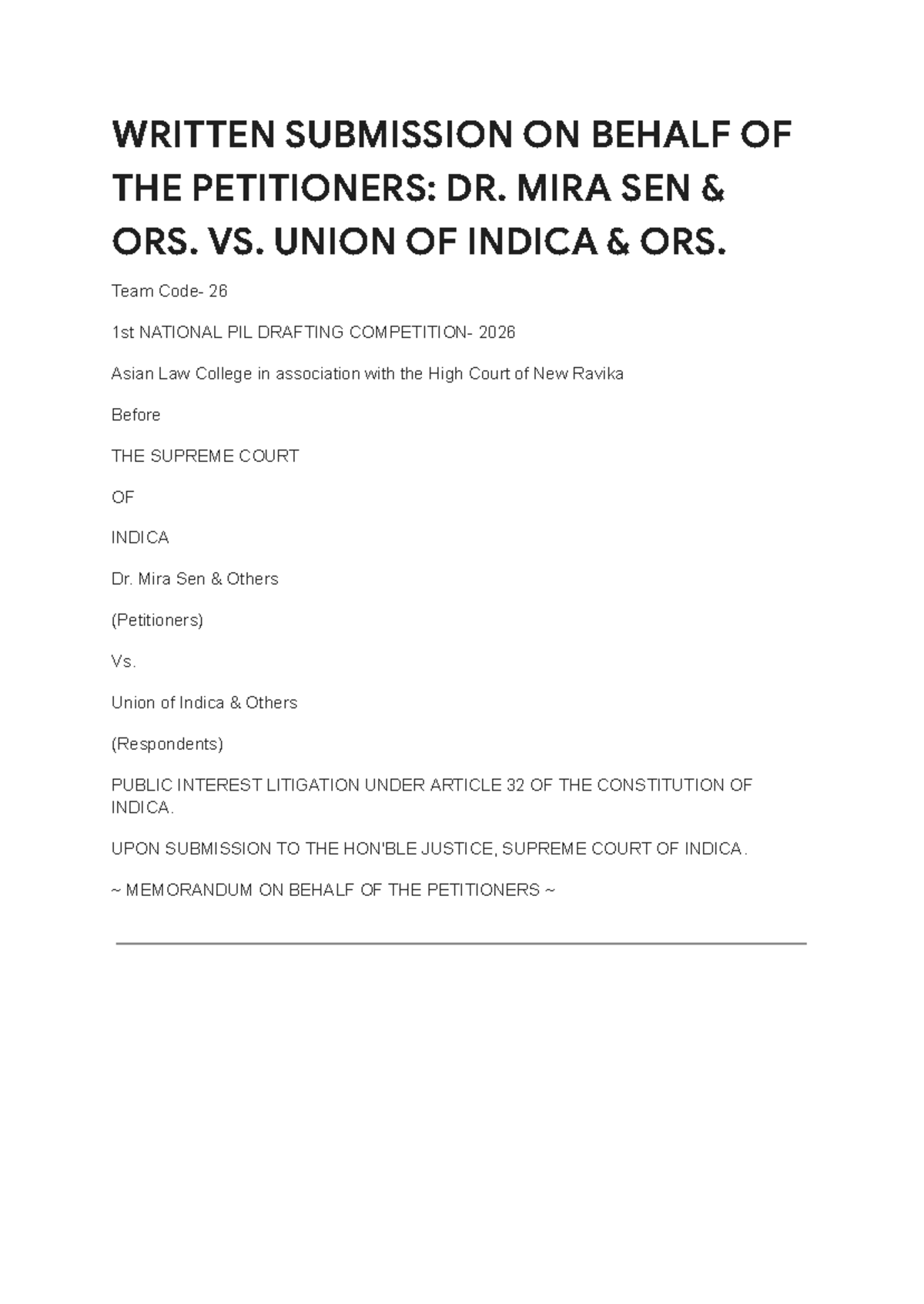 PIL Drafting Guide: Dr. Mira Sen vs. Union of Indica - Team 26 - Studocu