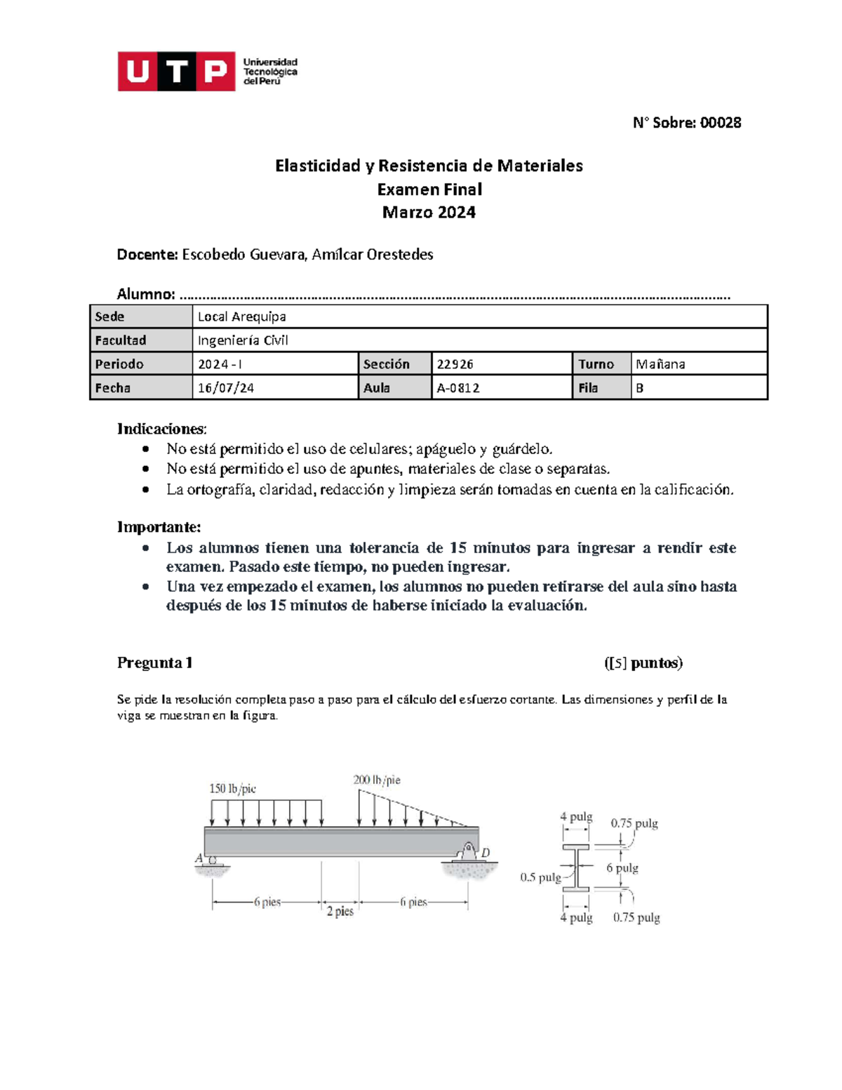 Examen Final de Elasticidad y Resistencia de Materiales - Marzo 2024 - Document Preview