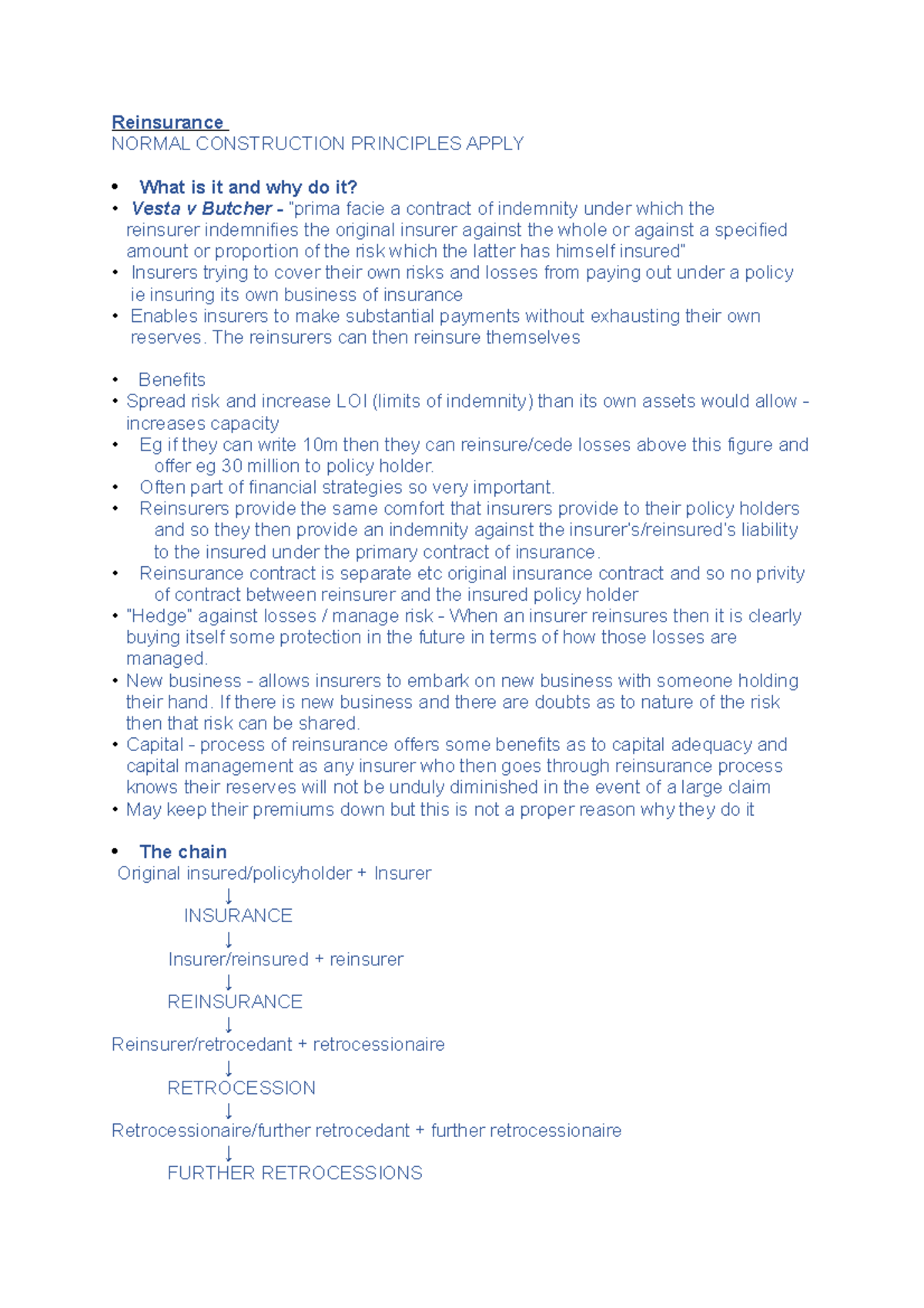 Reinsurance - law lecture notes - Reinsurance NORMAL CONSTRUCTION ...