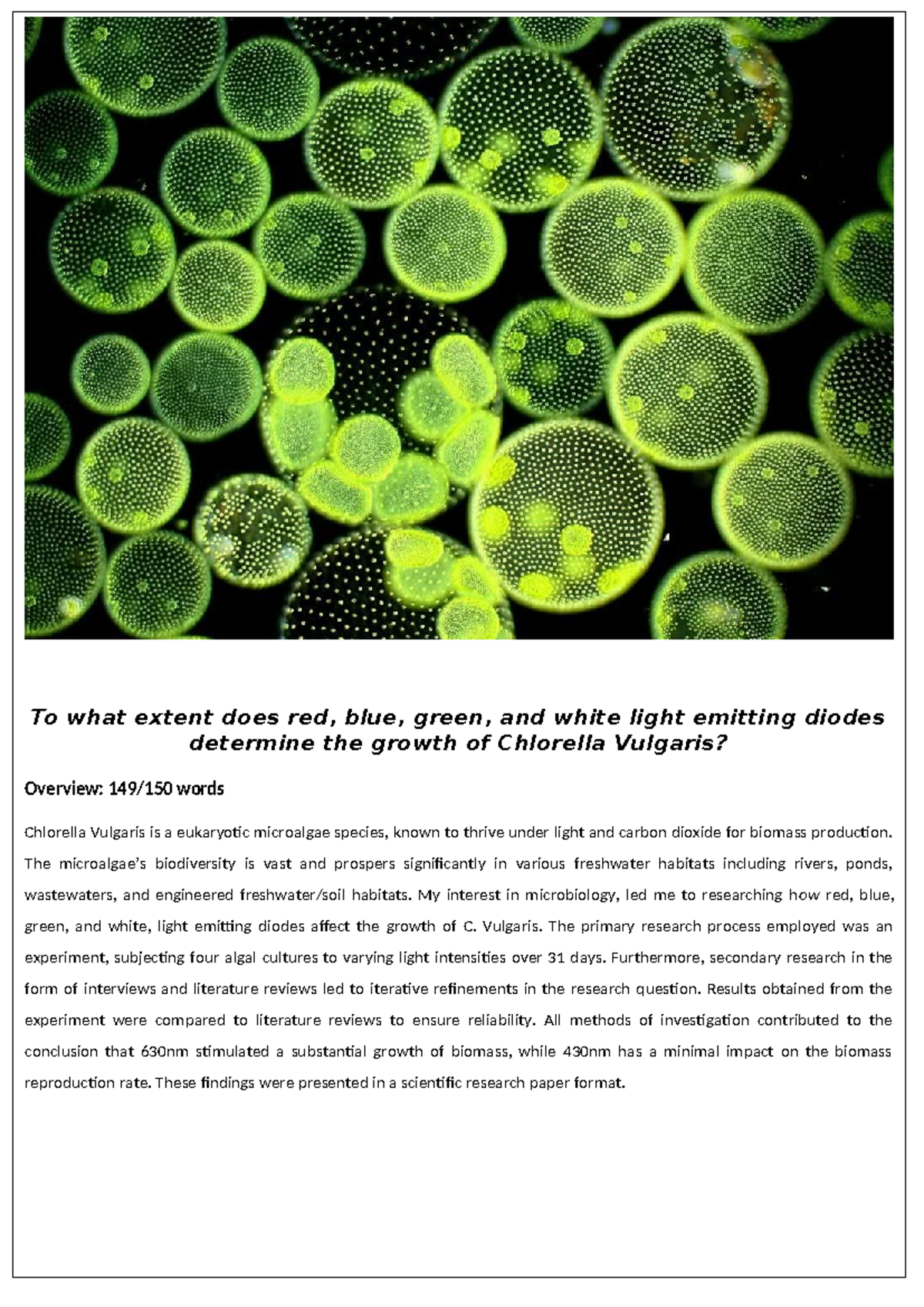 Student Inquiry Project Chlorella Vulgaris Reflection - To what extent ...