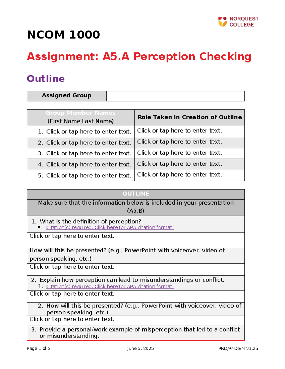 NCOM 1000 A5.A - Perception Checking Outline Template - Studocu