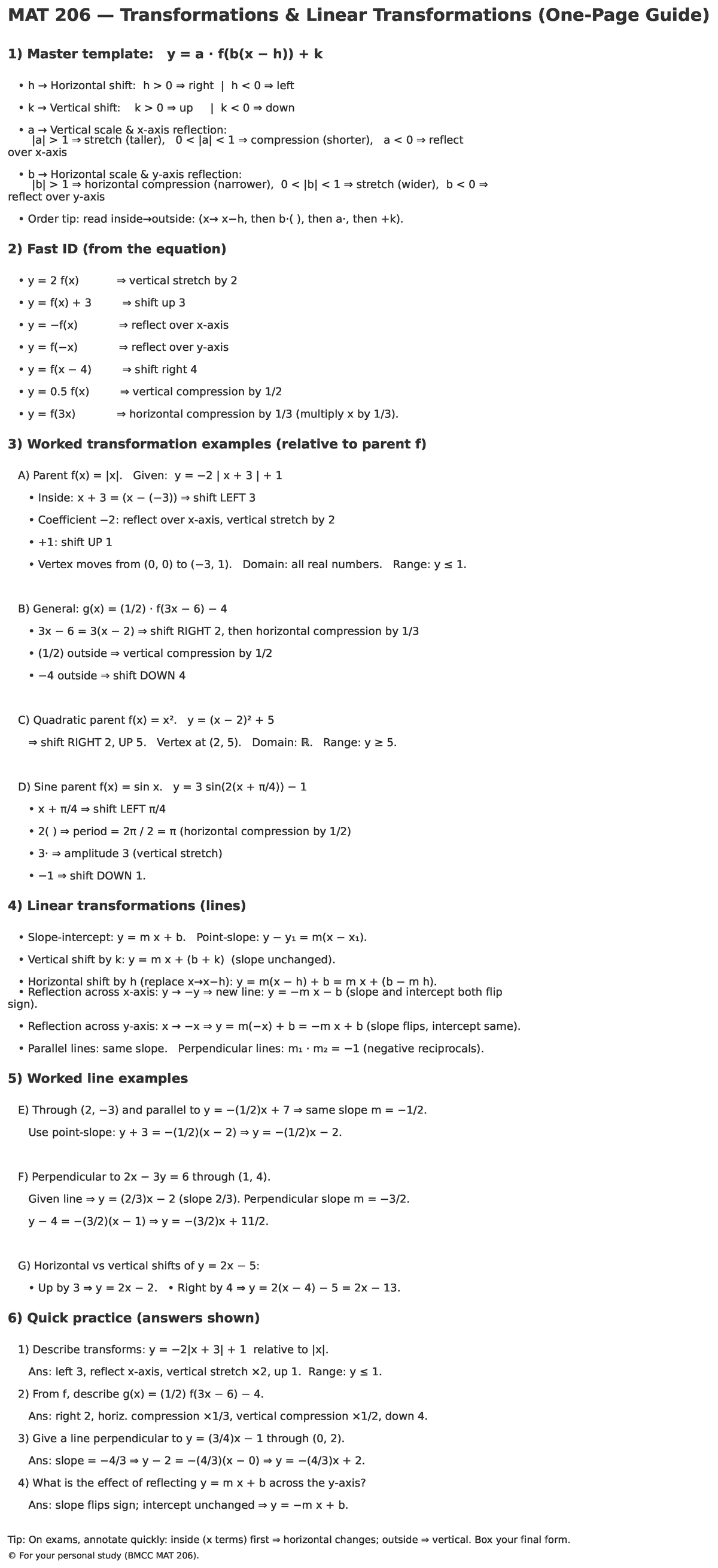 MAT 206 Transformations: One Page Study Guide - Studocu