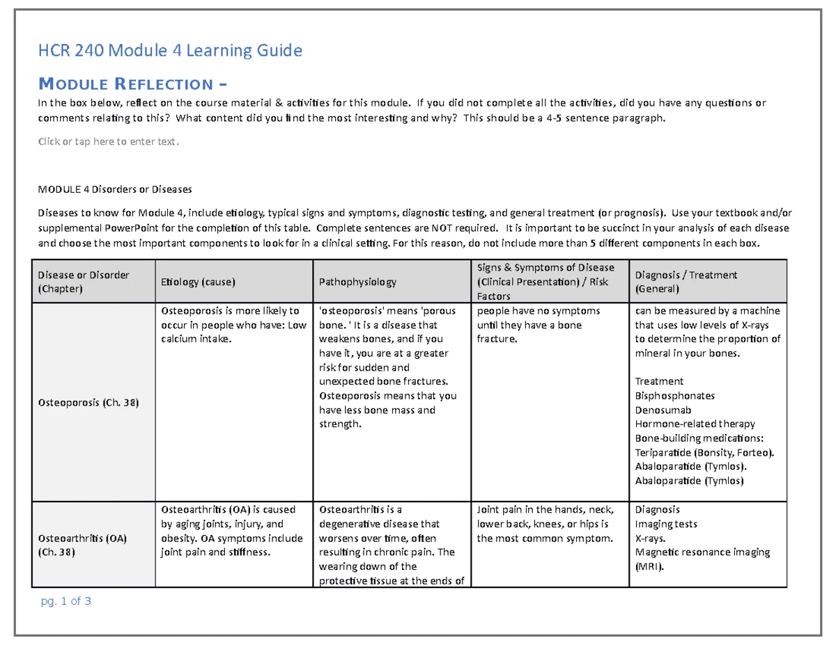 HCR 240 Module 4 Learning Guide: Disorders and Diseases Overview - Studocu