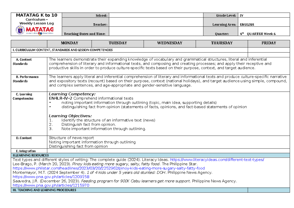 DLL English 4 Q4 W6 - VRFVRBGBB - MATATAG K to 10 Curriculum – Weekly ...