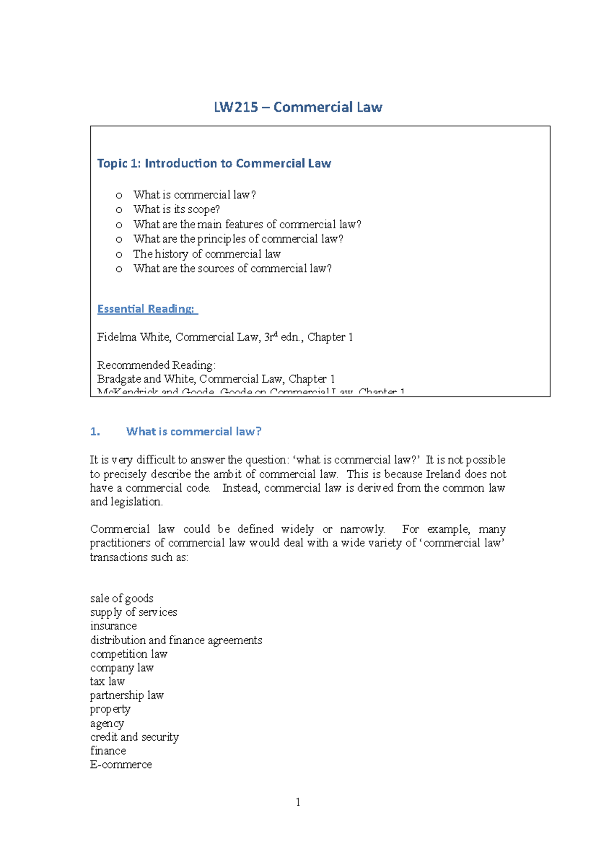 LW215 Topic 1: Overview of Commercial Law and Its Key Features - Studocu