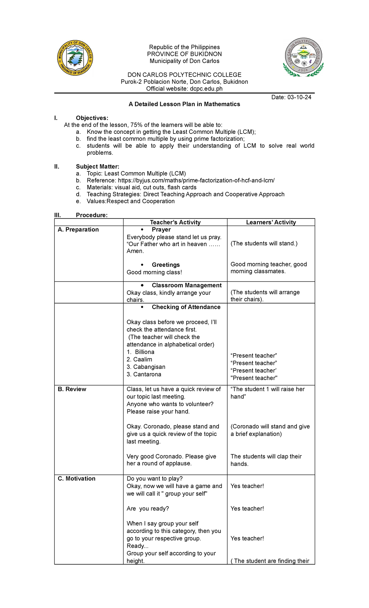 Final lesson plan math - Republic of the Philippines PROVINCE OF ...