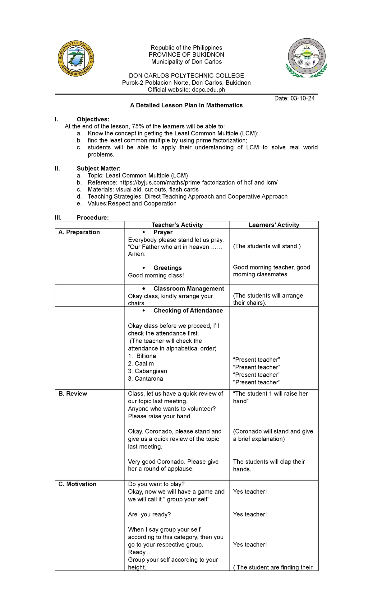 Detailed Lesson Plan on Verbs for English-3 Class - Studocu