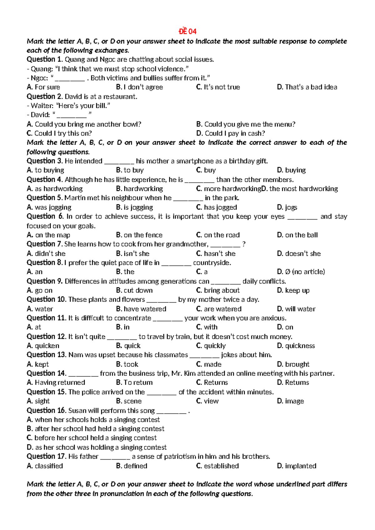 ĐỀ 04 - English Language Practice: Multiple Choice Questions - Studocu