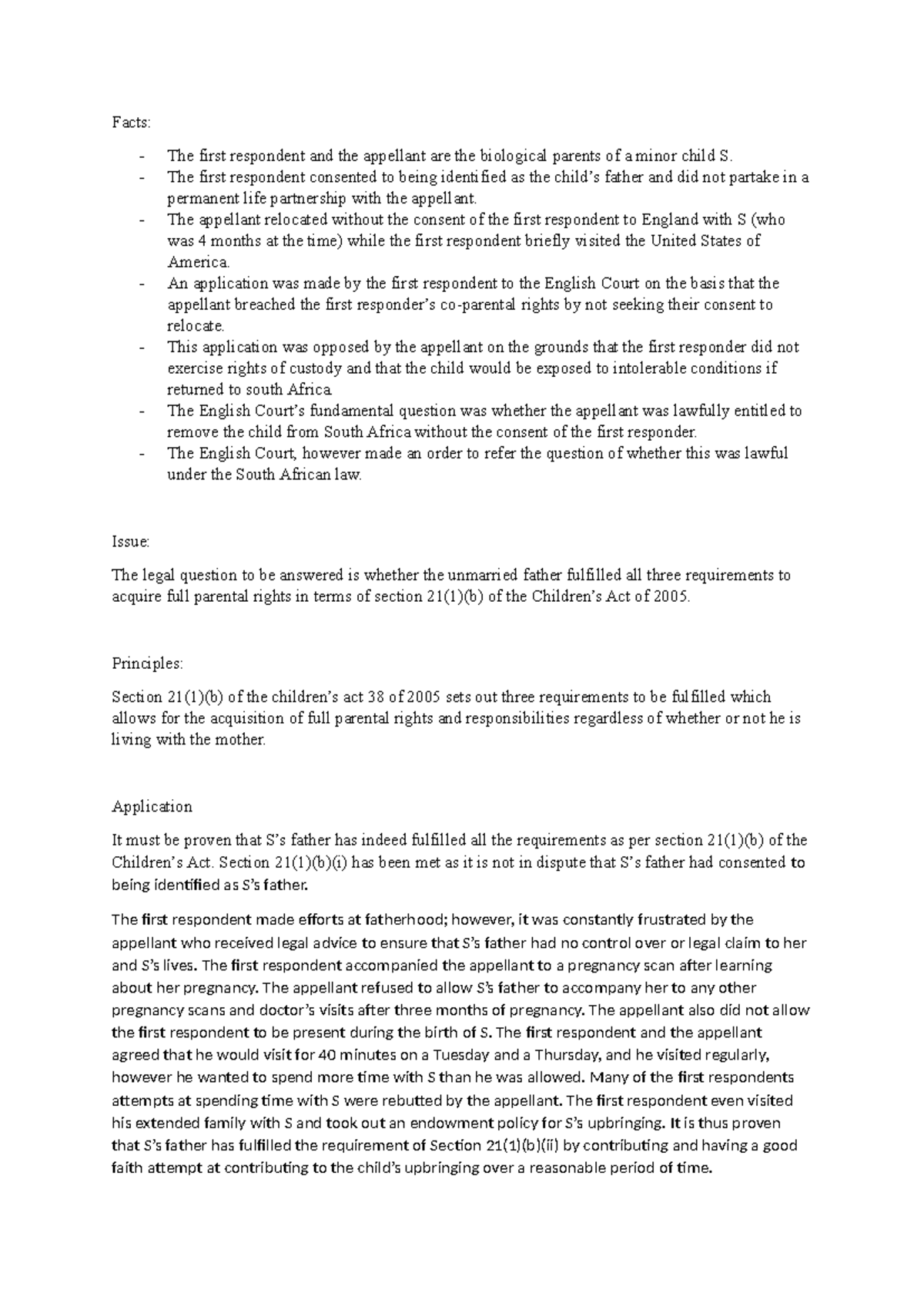 KLVC v SDI: Case Summary on Parental Rights under Act 38 of 2005 - Studocu
