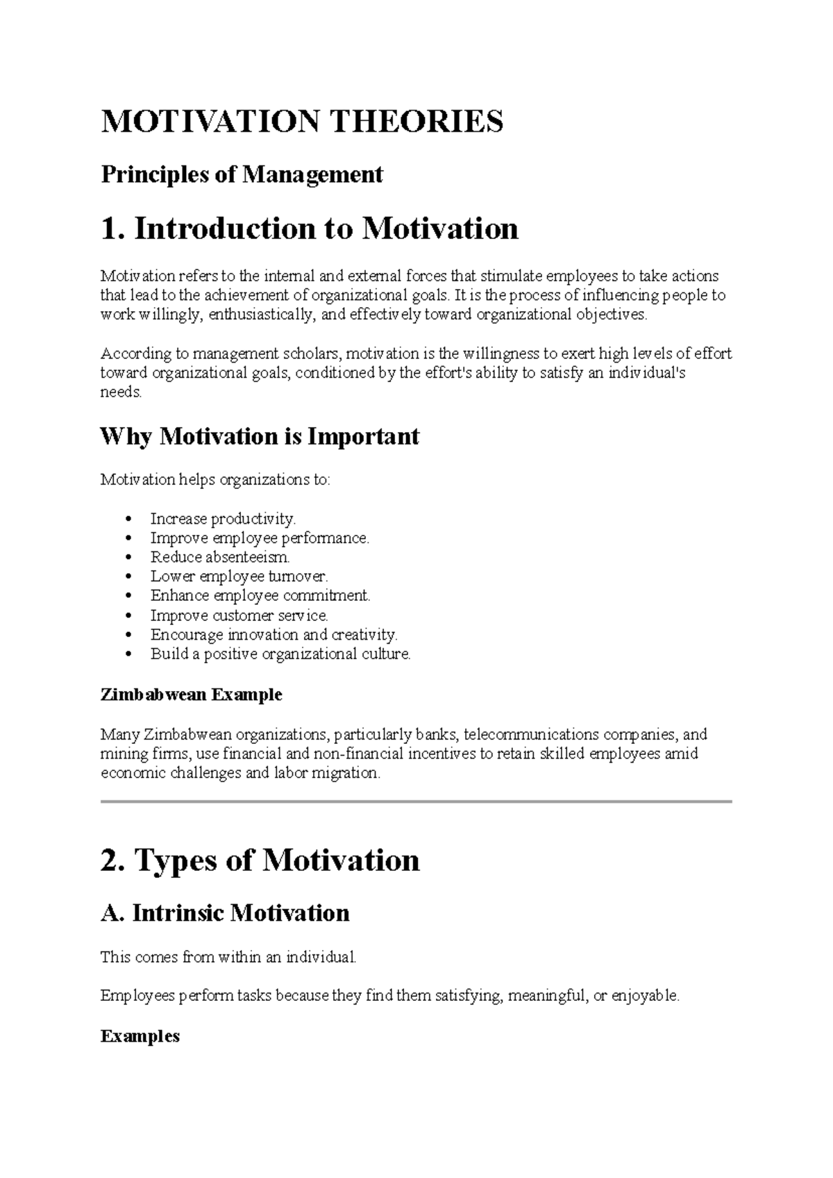 Motivation Theories: Principles of Management Notes - Studocu