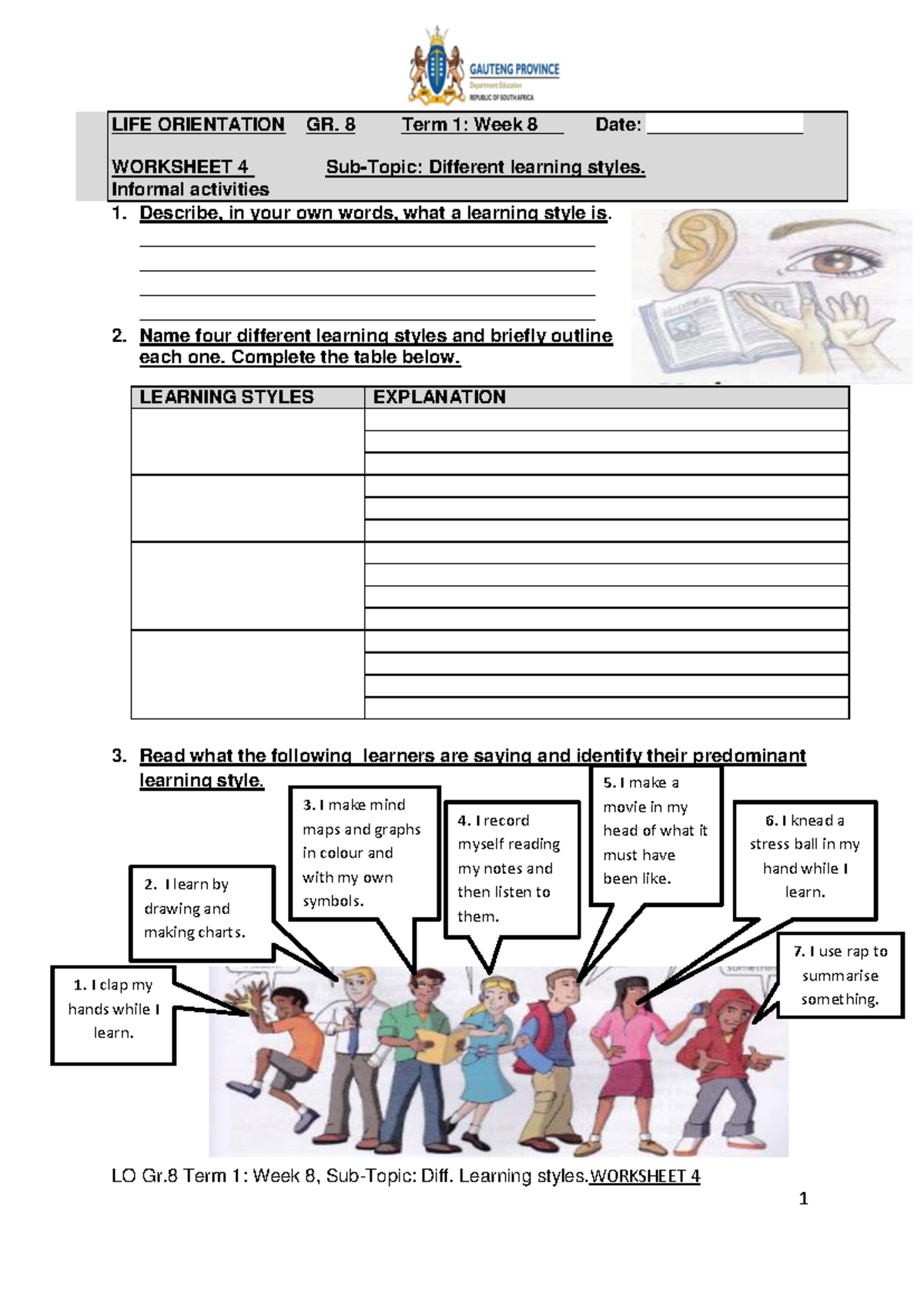 LO Gr. 8 Term 1: Week 8 - Worksheet on Different Learning Styles - Studocu