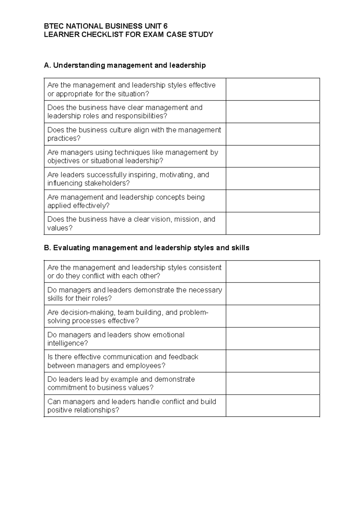 Learner-Case-Study-Checklist - BTEC NATIONAL BUSINESS UNIT 6 LEARNER ...