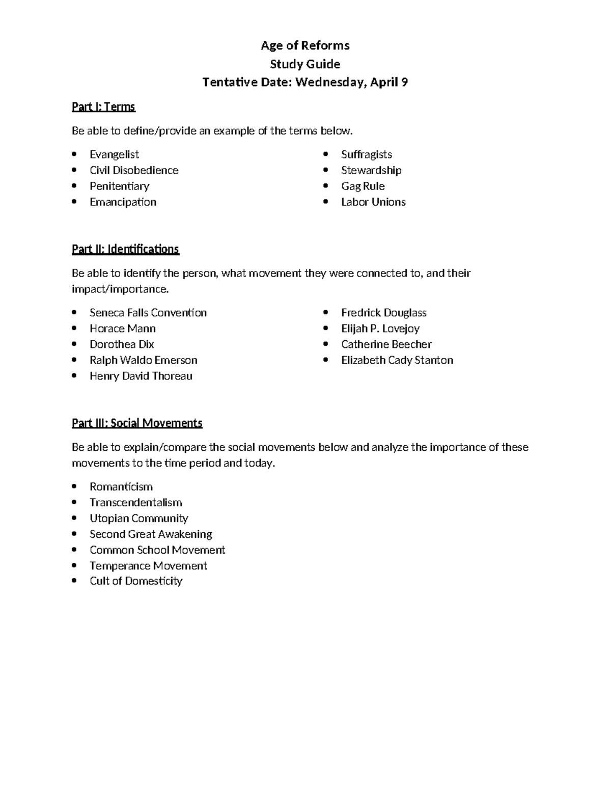 Age of Reforms Study Guide (SS.US.1 & SS.US.20) - April 9 Tentative ...