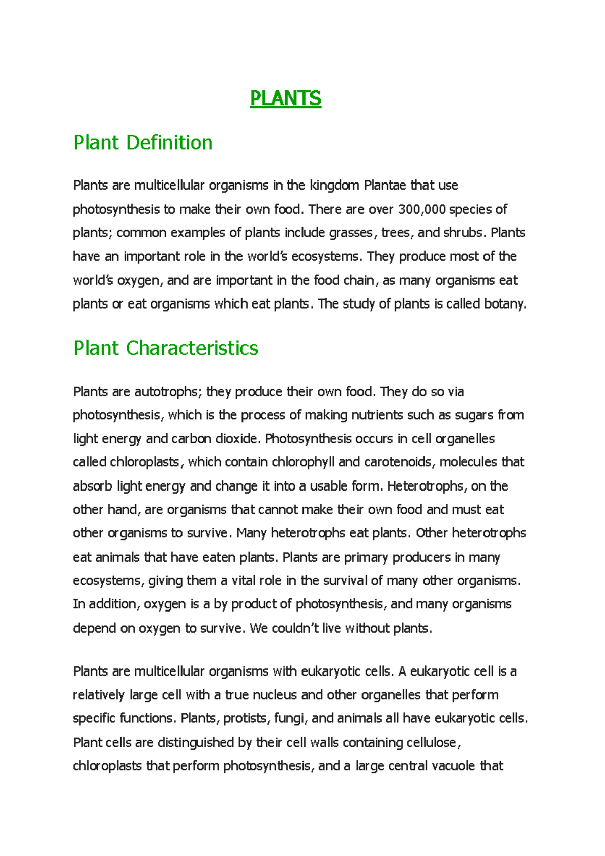 Characteristics of Plants: Structure, Function, and Reproduction - Studocu