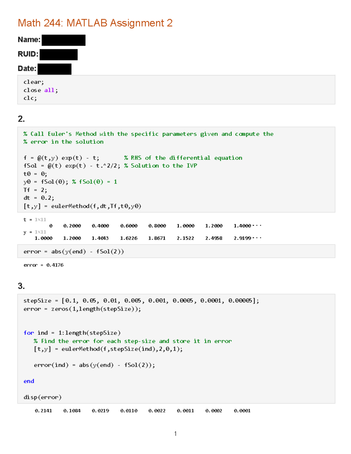 Lab2_Format_File - Math 244: MATLAB Assignment 2 Name: RUID: Date ...