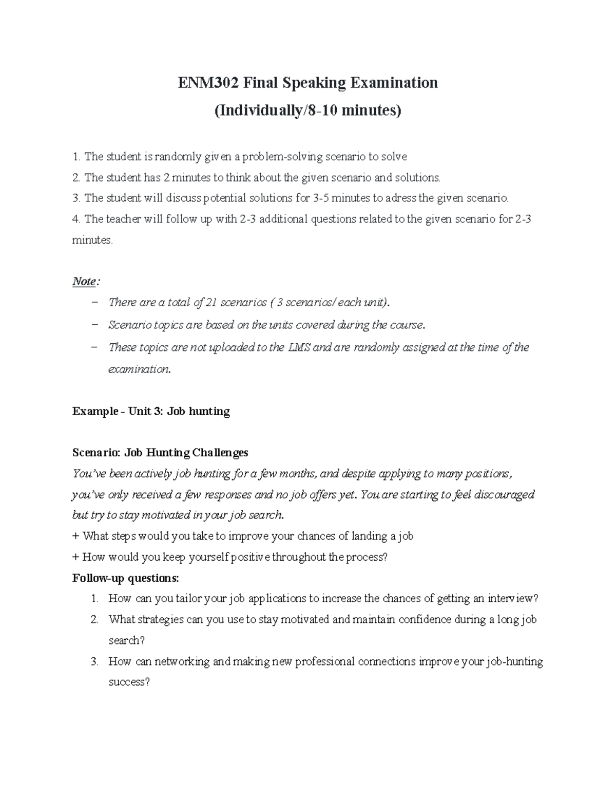 Guidance and Sample for ENM302 Final Speaking Exam - Studocu