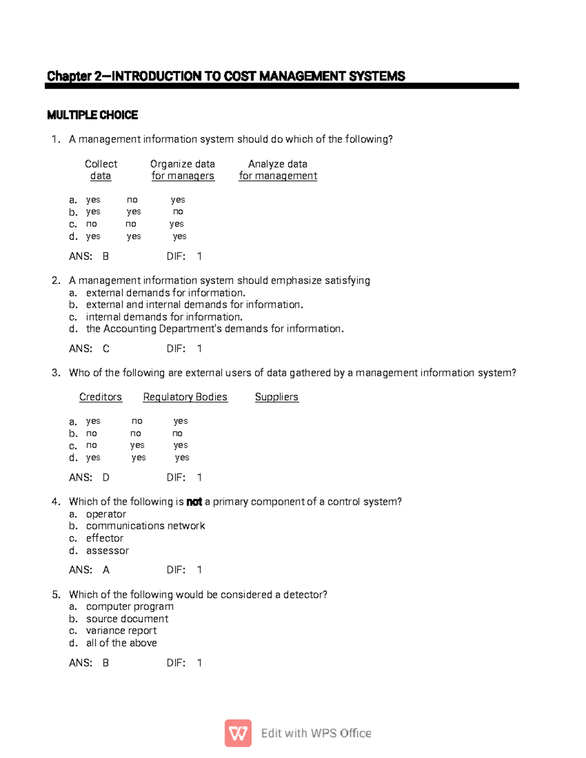 Chapter 2: Introduction to Cost Management Systems - MCQs and Answers ...