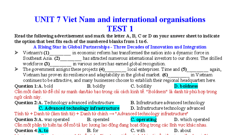 UNIT 7 Grade 10 TEST 1: Vietnam and Global Organizations - Studocu