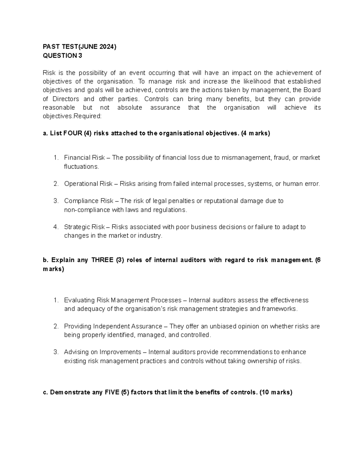 7C-1 Past Test (June 2024) Question 3: Understanding Risk Management ...
