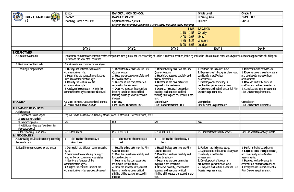 Daily Lesson Log for English 9 (DLL-ENG9) - Week of Sept 23-27, 2024 ...