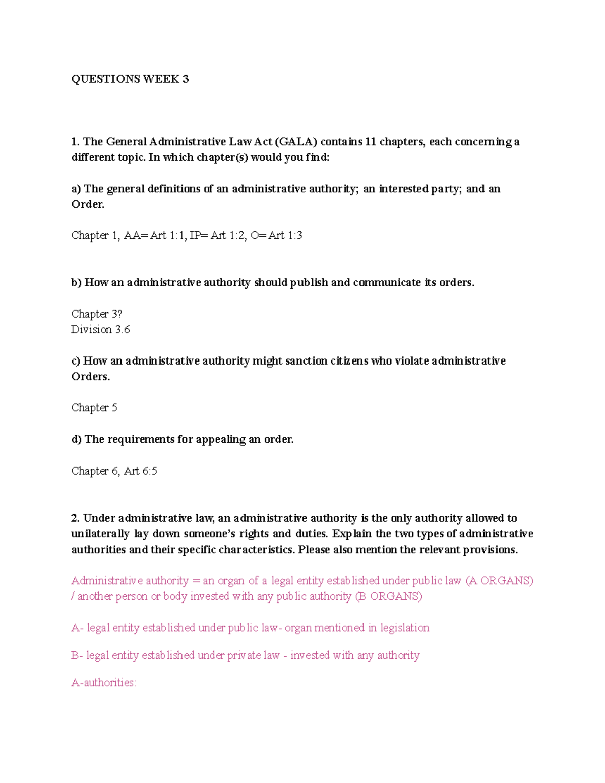 Questions WEEK 3 - GALA Administrative Law Analysis - Studeersnel